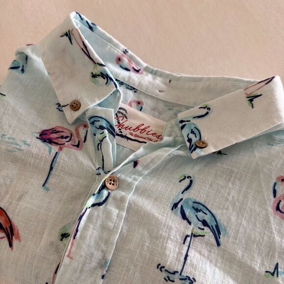 CHUBBIES SHIRT MENS LRG COTTON SS LT BLUE BUTTON CASUAL FLAMINGO TROPICAL HAWAII - Picture 2 of 13